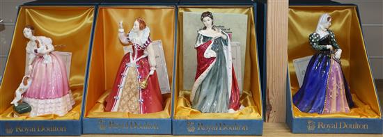 Four Royal Doulton figures, Queens of the Realm: Queen Anne HN3141, Queen Elizabeth I HN3099, Mary, Queen of Scots HN3142 and Queen Vic